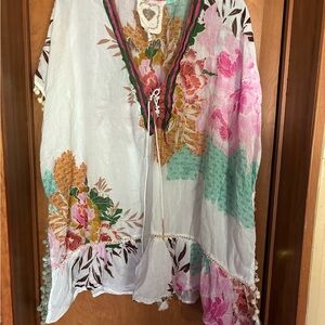 Bohemian Floral Tie-Front Women's Tunic Top - White with Pink & Teal Small